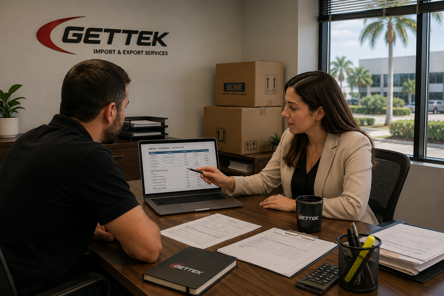 Equipe GETTEK atendendo um cliente no escritório nos Estados Unidos, revisando a cotação de uma operação de importação