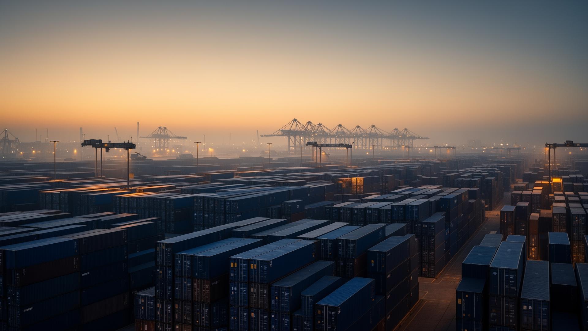Porto internacional ao amanhecer — containers organizados